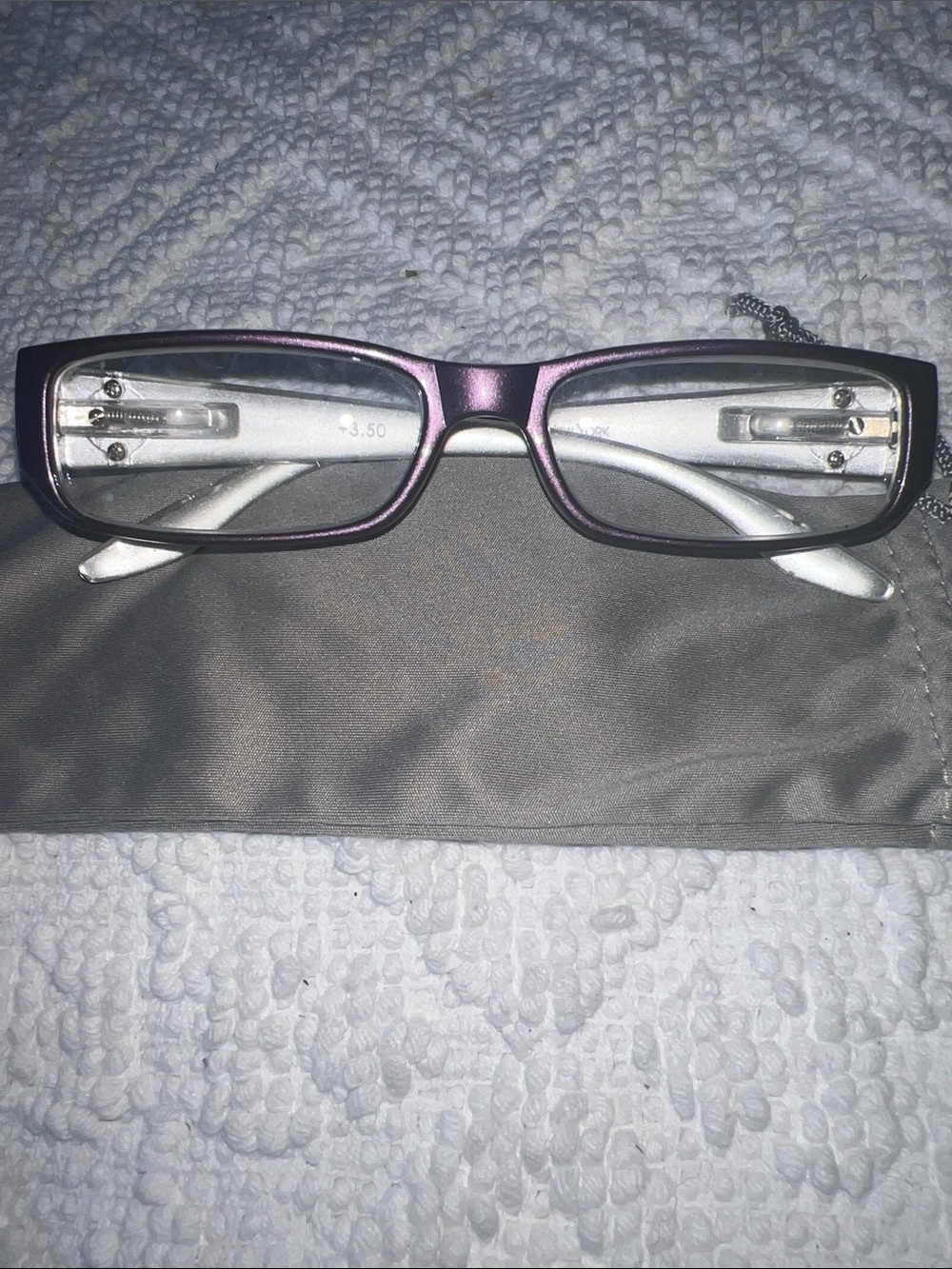 New in bag JM New York +3.50 Reading Glasses, Metallic Purple with White Temples